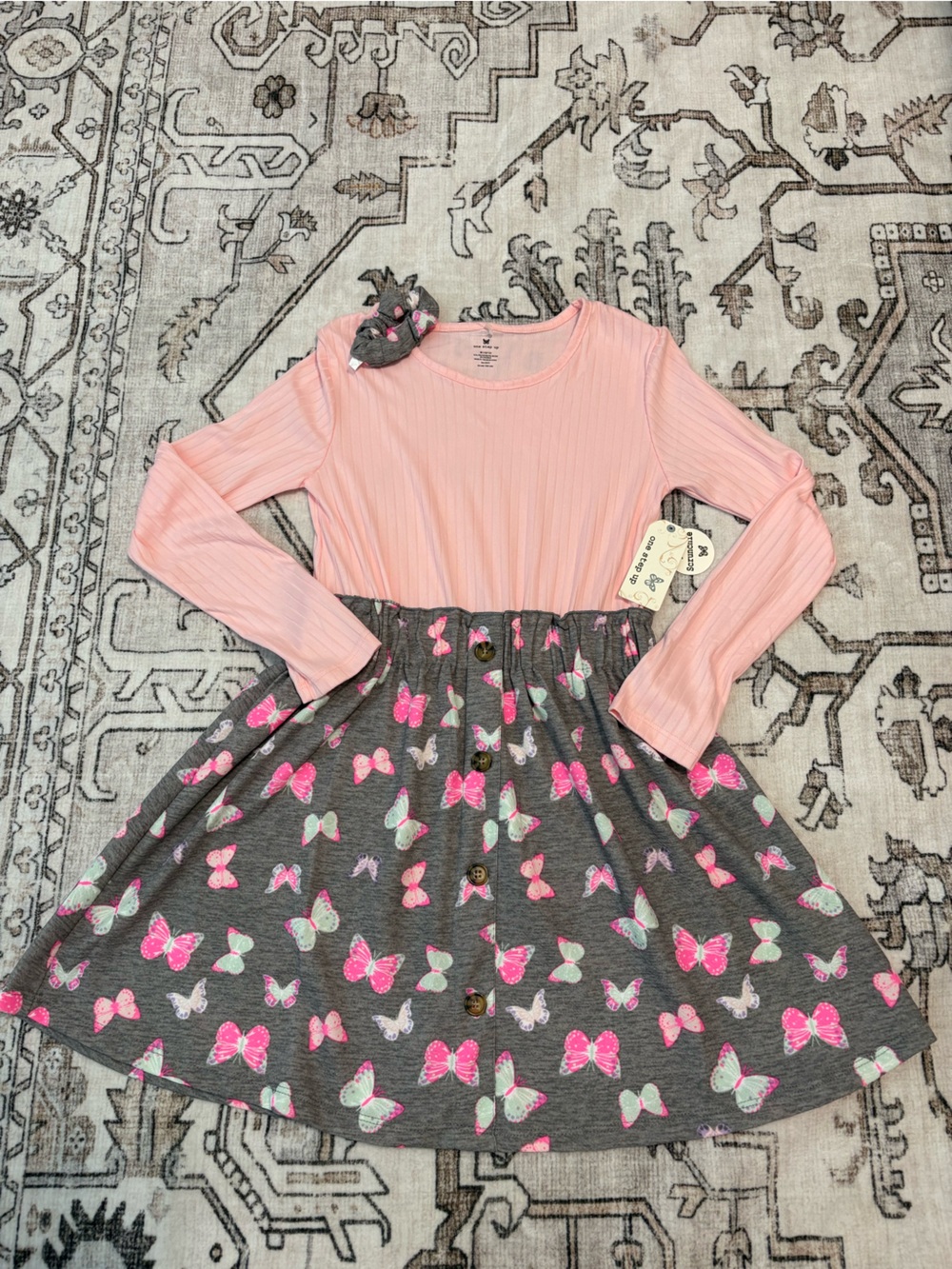 Girls' Butterfly Print Gray & Pink One-Piece Dress-NWT